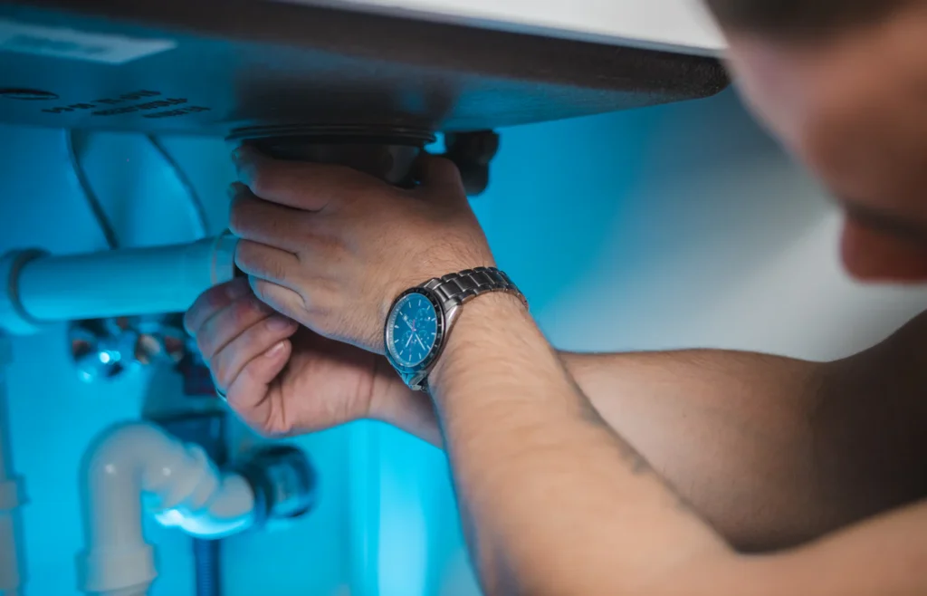 Technician working on a pipe connection under a sink
